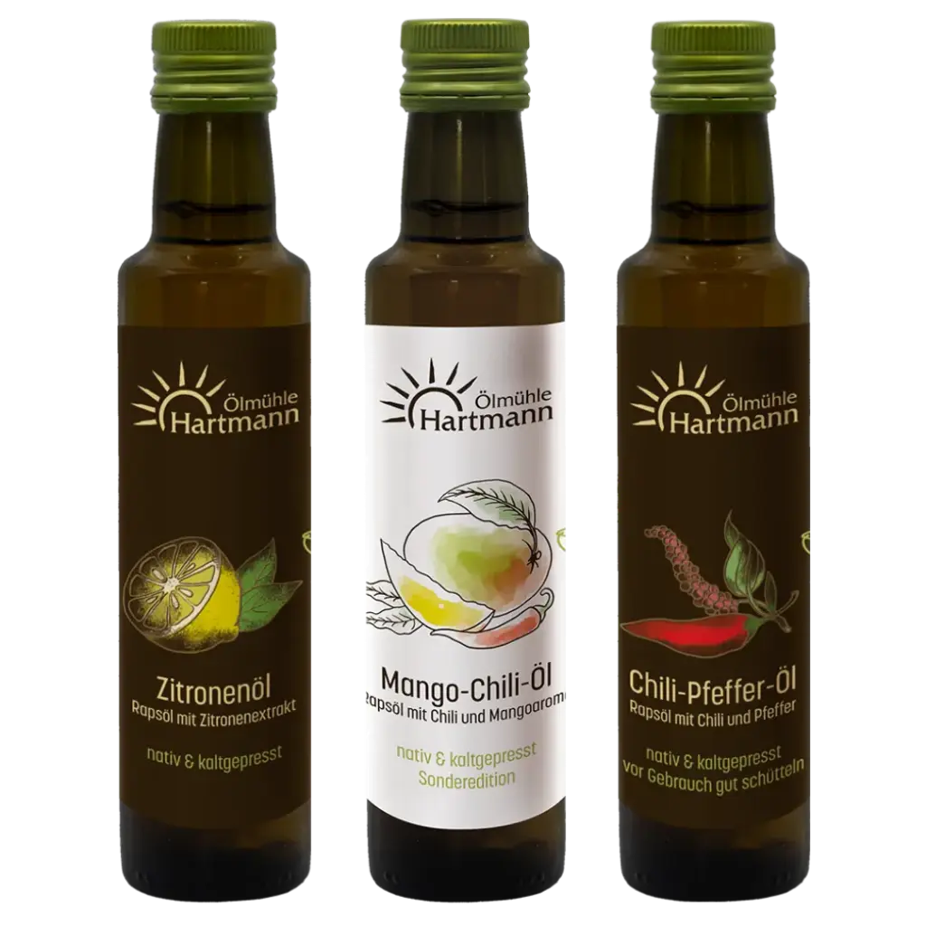 Fruchtig-scharfes Trio - Mango-Chili-Öl 0,25l, Zitronenöl 0,25l & Chili-Pfeffer-Öl 0,25l