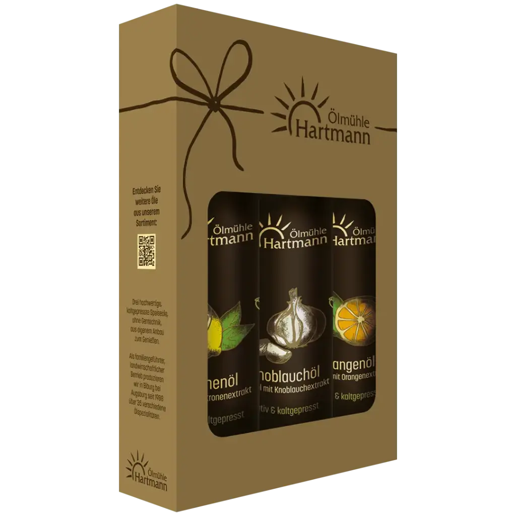 Fruchtiges Trio - Zitronenöl 0,25l, Knoblauchöl 0,25l & Orangenöl 0,25l 