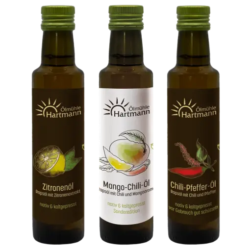 Fruchtig-scharfes Trio - Mango-Chili-Öl 0,25l, Zitronenöl 0,25l & Chili-Pfeffer-Öl 0,25l